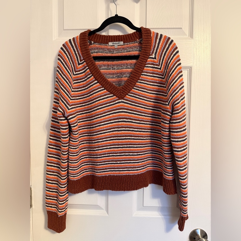 Madewell Rust and White Striped V-Neck Sweater